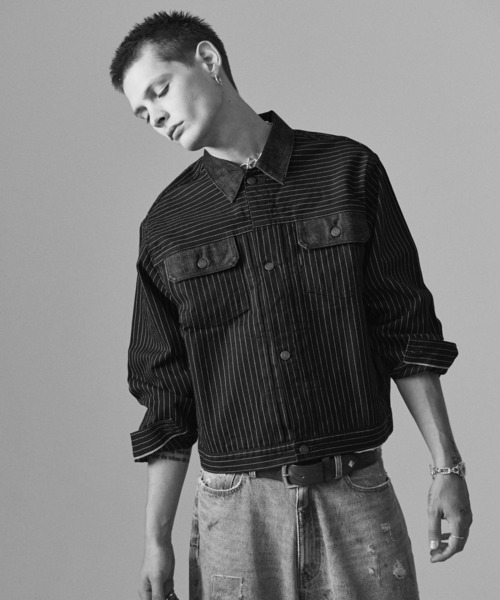 glamb（グラム）の「Blue Noise Denim Jacket / ブルーノイズデニムジャケット（デニムジャケット・メンズ・インディゴブルー/ストライプ・S/M/L）」の9枚目の写真