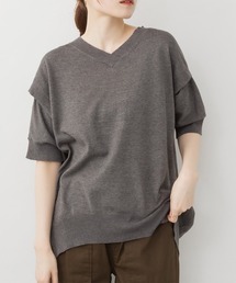 袖脇オープンVネック5分袖ニット