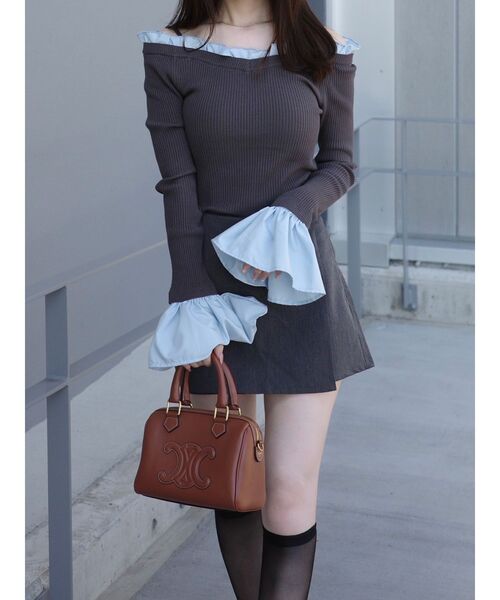 【新品】異素材オフショルニット 異素材フリルオフショルリブニット（ニット/セーター