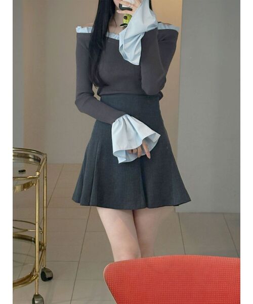 セール】異素材フリルオフショルリブニット（ニット/セーター