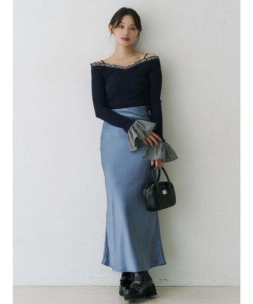 【新品】異素材オフショルニット MERCURYDUO ニット セーター 異素材フリルオフショルリブニット