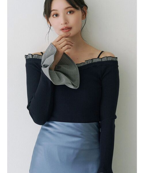 タグ付新品 MERCURYDUO 異素材フリルオフショルリブニット 異素材フリルオフショルリブニット（ニット/セーター）｜MERCURYDUO