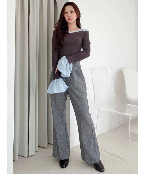 異素材フリルオフショルリブニット（ニット/セーター