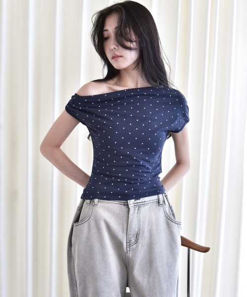 Y/lim（イリム）の「アシメドレープスタープリントフレンチTシャツ（Tシャツ/カットソー・レディース・オフホワイト/ネイビー・FREE）」の2枚目の写真