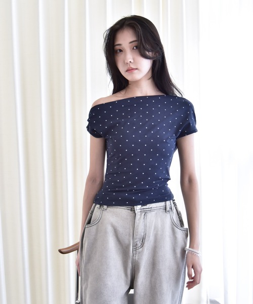 Y/lim（イリム）の「アシメドレープスタープリントフレンチTシャツ（Tシャツ/カットソー・レディース・オフホワイト/ネイビー・FREE）」の11枚目の写真
