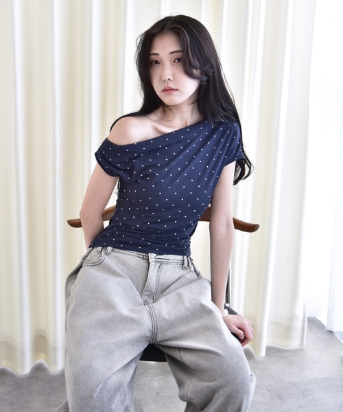 Y/lim（イリム）の「アシメドレープスタープリントフレンチTシャツ（Tシャツ/カットソー・レディース・オフホワイト/ネイビー・FREE）」の16枚目の写真