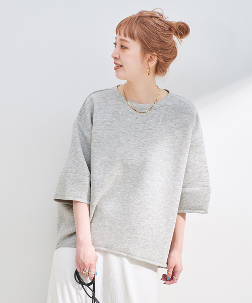 B.C STOCK(ベーセーストック)の「《追加3》手洗い可 / ダンボールハーフスリーブプルオーバー(Tシャツ/カットソー・レディース・ピンク/チャコールグレー/ホワイト/ネイビー・FREE)」の3枚目の写真