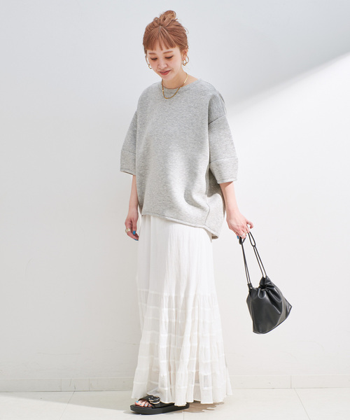 B.C STOCK(ベーセーストック)の「《追加3》手洗い可 / ダンボールハーフスリーブプルオーバー(Tシャツ/カットソー・レディース・ピンク/チャコールグレー/ホワイト/ネイビー・FREE)」の6枚目の写真
