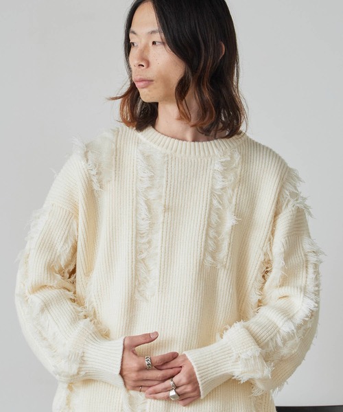 ROOPTOKYO(ループトウキョウ)の「Fringe Damage Design Knit/フリンジダメージデザインニット(ニット/セーター・レディース・ホワイト/ブラック・L/M)」の2枚目の写真