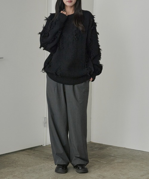 ROOPTOKYO(ループトウキョウ)の「Fringe Damage Design Knit/フリンジダメージデザインニット(ニット/セーター・レディース・ホワイト/ブラック・L/M)」の4枚目の写真