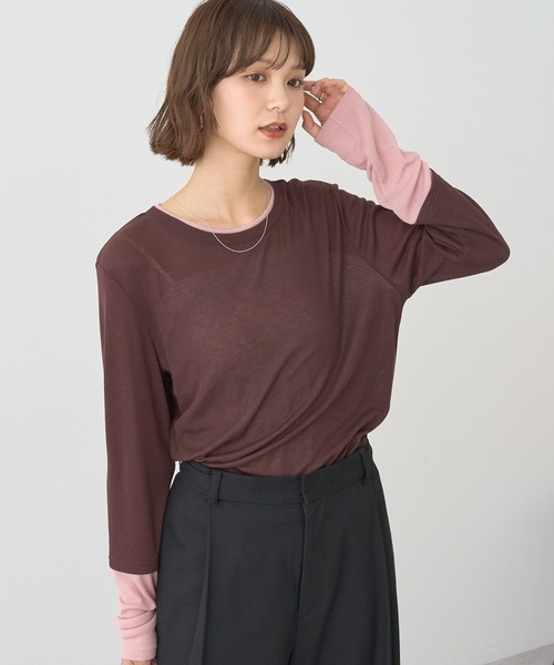 earth music&ecology(アースミュージックアンドエコロジー)の「レイヤードシアープルオーバー(Tシャツ/カットソー・レディース・ブラウン/オフホワイト/ライトグレー/ブラック・FREE)」の4枚目の写真