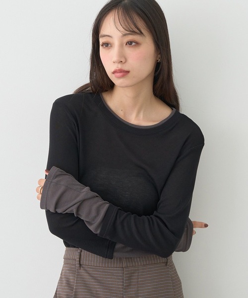 earth music&ecology(アースミュージックアンドエコロジー)の「レイヤードシアープルオーバー(Tシャツ/カットソー・レディース・ブラウン/オフホワイト/ライトグレー/ブラック・FREE)」の1枚目の写真