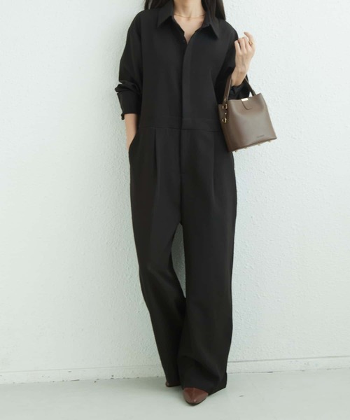 セール】ハーフボタンルーズシルエット長袖オールインワン（つなぎ