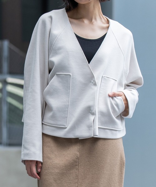 Munich（ミューニック）の「ウールライクフリースショートジャケット（ノーカラージャケット・レディース・モカ/ダークグレー・FREE）」の22枚目の写真