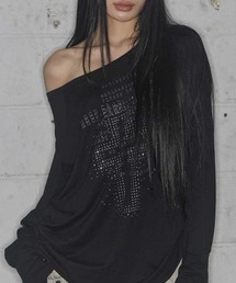 A'GEM/9 × .kom 『FANCY CLUB/ファンシークラブ』DIVINE CROSS OFF-SHOULDER TEE /クロスオフショルダー長袖Tシャツ