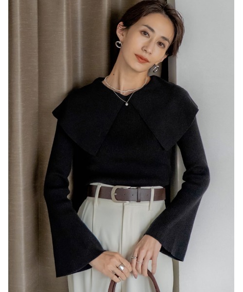 Re:EDIT(リエディ)の「ビッグカラーフレアスリーブ配色or無地リブニットプルオーバー(ニット/セーター・レディース・グレー/アイボリー系/ブラック/アイボリー/ブラック系・MEDIUM/LARGE)」の3枚目の写真