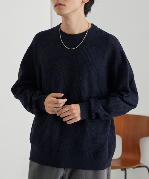 MONO-MART（モノマート）の「リンクスパターン オーバーサイズクルーネックニット<ウォッシャブル>（ニット/セーター・メンズ・オレンジ/チャコール/ネイビー/グリーン/ブラウン/グレイッシュブルー/ブラック/アイボリー・L/M）」の6枚目の写真