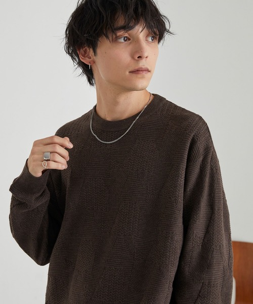 MONO-MART（モノマート）の「リンクスパターン オーバーサイズクルーネックニット<ウォッシャブル>（ニット/セーター・メンズ・オレンジ/チャコール/ネイビー/グリーン/ブラウン/グレイッシュブルー/ブラック/アイボリー・L/M）」の9枚目の写真