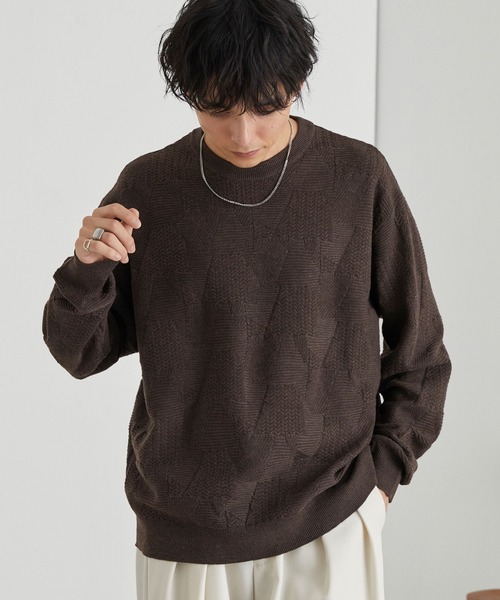 MONO-MART（モノマート）の「リンクスパターン オーバーサイズクルーネックニット<ウォッシャブル>（ニット/セーター・メンズ・オレンジ/チャコール/ネイビー/グリーン/ブラウン/グレイッシュブルー/ブラック/アイボリー・L/M）」の11枚目の写真