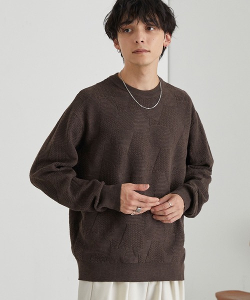 MONO-MART（モノマート）の「リンクスパターン オーバーサイズクルーネックニット<ウォッシャブル>（ニット/セーター・メンズ・オレンジ/チャコール/ネイビー/グリーン/ブラウン/グレイッシュブルー/ブラック/アイボリー・L/M）」の12枚目の写真
