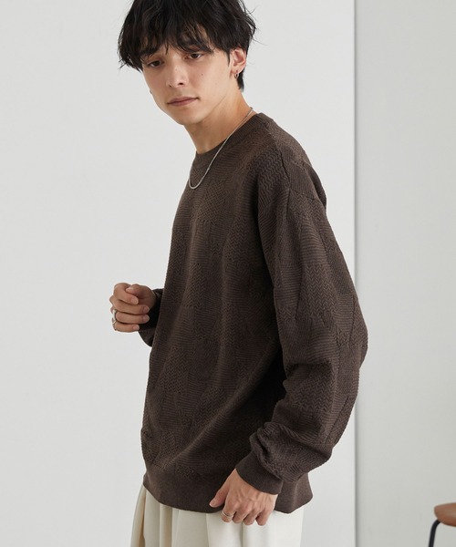 MONO-MART（モノマート）の「リンクスパターン オーバーサイズクルーネックニット<ウォッシャブル>（ニット/セーター・メンズ・オレンジ/チャコール/ネイビー/グリーン/ブラウン/グレイッシュブルー/ブラック/アイボリー・L/M）」の13枚目の写真