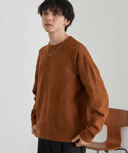 MONO-MART（モノマート）の「リンクスパターン オーバーサイズクルーネックニット<ウォッシャブル>（ニット/セーター・メンズ・オレンジ/チャコール/ネイビー/グリーン/ブラウン/グレイッシュブルー/ブラック/アイボリー・L/M）」の21枚目の写真