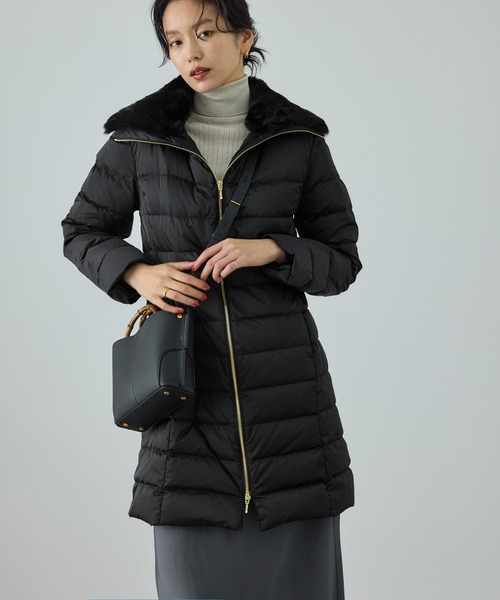 ファー付き サテンロング丈ダウンコート/イージーケア（ダウン