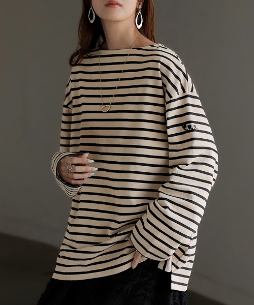 HUG.U(ハグユー)の「無地・ボーダー選べる バスクロンT(Tシャツ/カットソー・レディース・ホワイト/ライトグレー/ブラック/ホワイト×レッド/ホワイト×ブラック/ブラック×ホワイト/ベージュ系・FREE)」の7枚目の写真