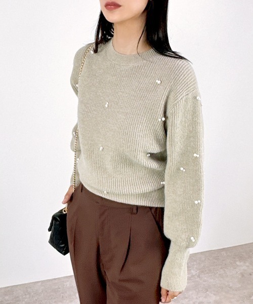 CLOTHY(クロシィ)の「【パール風モチーフが上品に輝くニットプルオーバー】パール付きニットトップス(ニット/セーター・レディース・ブラック/アイボリー/グリーン/ベージュ/オレンジ・FREE)」の11枚目の写真