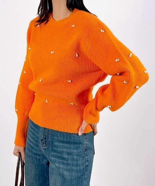 CLOTHY(クロシィ)の「【パール風モチーフが上品に輝くニットプルオーバー】パール付きニットトップス(ニット/セーター・レディース・ブラック/アイボリー/グリーン/ベージュ/オレンジ・FREE)」の14枚目の写真