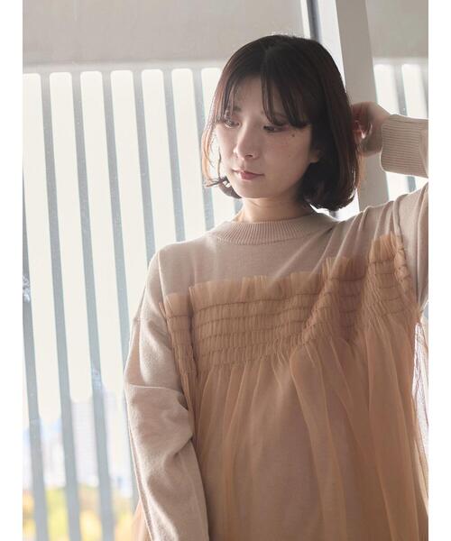 Samansa Mos2 blue(サマンサモスモスブルー)の「◎チュールドッキングニット(ニット/セーター・レディース・ベージュ/ブラック/グレー・F)」の1枚目の写真