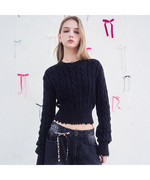 Vivacious(ビバシャス)の「Erica Round Damage Knit - 3COL(ニット/セーター・レディース・ブラック/ピンク/ネイビー・FREE)」の1枚目の写真