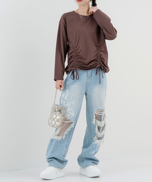 SABUROKU(サブロク)の「【SABUROKU】きゅっと絞った シルエットが可愛い 裾ドロストプルオーバー(Tシャツ/カットソー・レディース・グレー/ブルー/ブラウン・M)」の14枚目の写真