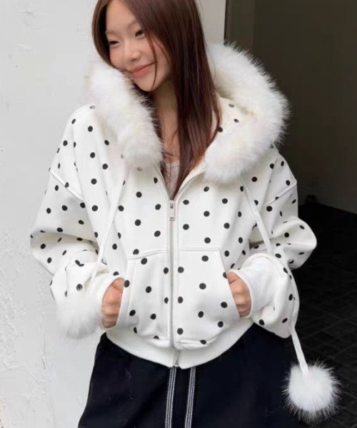 ドット柄ファー付きジャケット ドット柄ファー付きジャケット冬新作】ビッグファーフード×ドット柄