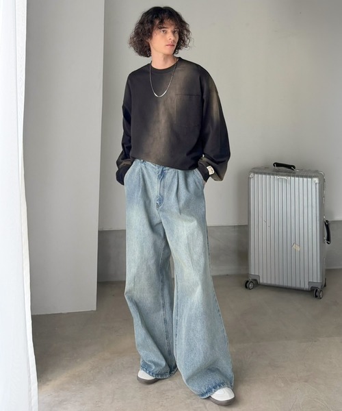 Java(ジャバ)の「《JaVaジャバコラボ》垢抜け!大人のストリートstyleを作る。綿100%スプレーダイオーバーサイズTシャツ(長袖)(Tシャツ/カットソー・メンズ・ライトブルー/ブラック/パープル/ブラウン・LARGE/MEDIUM/X-LARGE)」の11枚目の写真