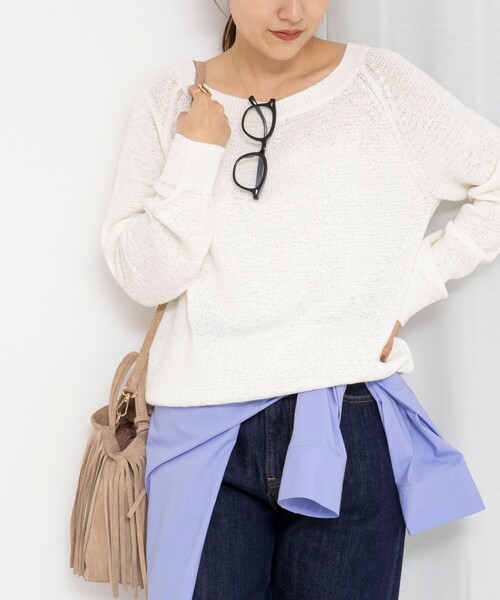 Rie Miller(リエミラー)の「《手洗い可能》ボートネックプルオーバーテープヤーン(ニット/セーター・レディース・ベージュ/ホワイト/ライトブルー/ブラック・38)」の2枚目の写真