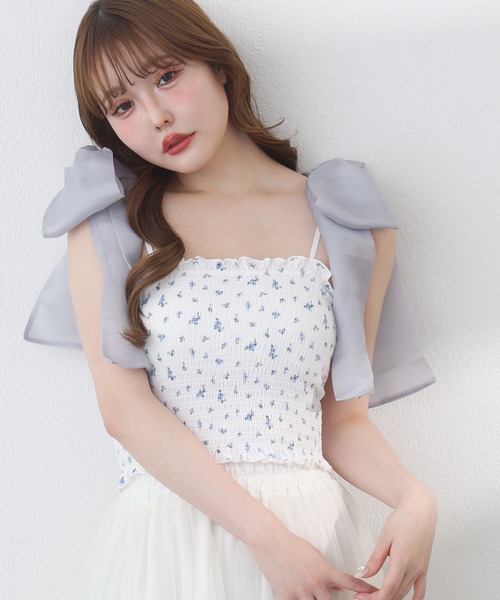 one after another NICE CLAUP(ワンアフターアナザーナイスクラップ)の「リボン取り外し可/シャーリングビスチェ(Tシャツ/カットソー・レディース・ホワイト×ブルー/ホワイト×ホワイト/ピンク系その他/チャコールグレー×ブラック・FREE)」の2枚目の写真