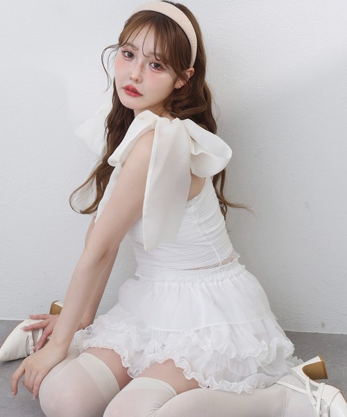 one after another NICE CLAUP(ワンアフターアナザーナイスクラップ)の「リボン取り外し可/シャーリングビスチェ(Tシャツ/カットソー・レディース・ホワイト×ブルー/ホワイト×ホワイト/ピンク系その他/チャコールグレー×ブラック・FREE)」の3枚目の写真