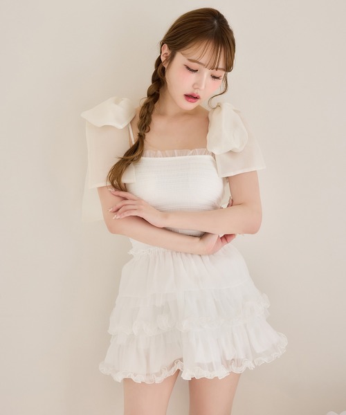 one after another NICE CLAUP(ワンアフターアナザーナイスクラップ)の「リボン取り外し可/シャーリングビスチェ(Tシャツ/カットソー・レディース・ホワイト×ブルー/ホワイト×ホワイト/ピンク系その他/チャコールグレー×ブラック・FREE)」の9枚目の写真