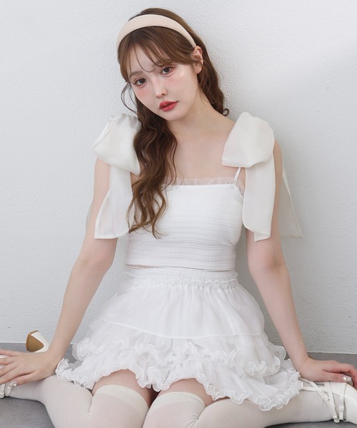 one after another NICE CLAUP(ワンアフターアナザーナイスクラップ)の「リボン取り外し可/シャーリングビスチェ(Tシャツ/カットソー・レディース・ホワイト×ブルー/ホワイト×ホワイト/ピンク系その他/チャコールグレー×ブラック・FREE)」の20枚目の写真