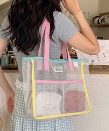 【大容量】パステルカラーパイピング メッシュッグトート プールバッグ レジャー 海