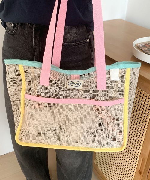 pyornim(ピョルニム)の「【大容量】パステルカラーパイピング メッシュッグトート プールバッグ レジャー 海(トートバッグ・レディース・ピンク/グリーン・F)」の4枚目の写真