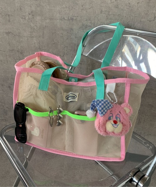 pyornim(ピョルニム)の「【大容量】パステルカラーパイピング メッシュッグトート プールバッグ レジャー 海(トートバッグ・レディース・ピンク/グリーン・F)」の15枚目の写真