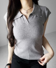 ※※【 ３color 】スキッパー半袖ニットトップス ／skipper short sleeve knit tops