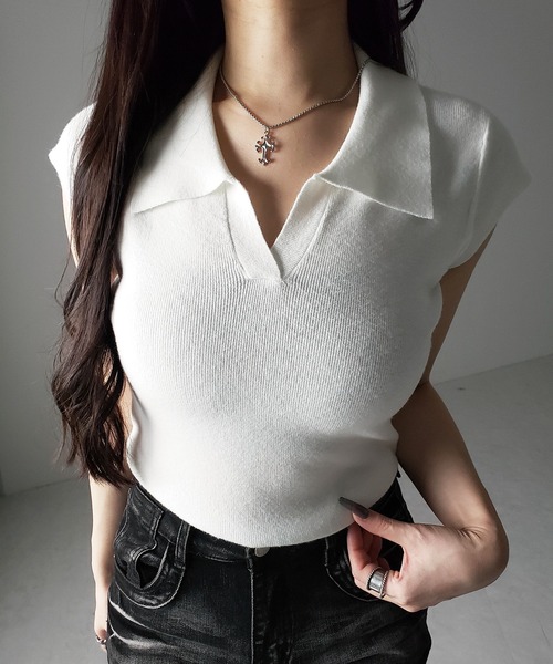me+em select(ミームセレクト)の「※※【 3color 】スキッパー半袖ニットトップス /skipper short sleeve knit tops(Tシャツ/カットソー・レディース・グレー/ブラック/ホワイト・FREE)」の1枚目の写真