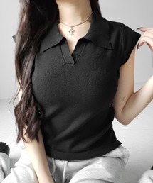 ※※【 3color 】スキッパー半袖ニットトップス /skipper short sleeve knit tops