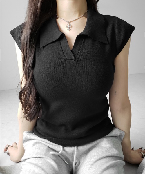 me+em select(ミームセレクト)の「※※【 3color 】スキッパー半袖ニットトップス /skipper short sleeve knit tops(Tシャツ/カットソー・レディース・グレー/ブラック/ホワイト・FREE)」の6枚目の写真