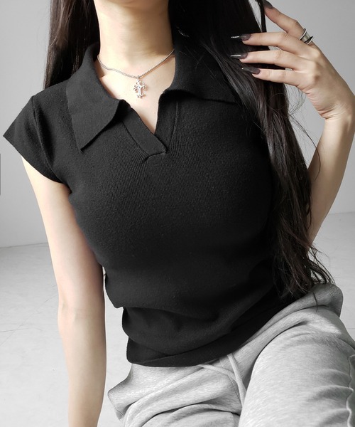 me+em select(ミームセレクト)の「※※【 3color 】スキッパー半袖ニットトップス /skipper short sleeve knit tops(Tシャツ/カットソー・レディース・グレー/ブラック/ホワイト・FREE)」の7枚目の写真