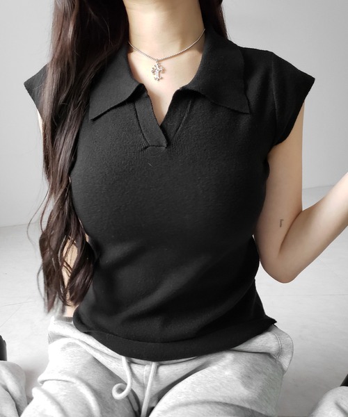 me+em select(ミームセレクト)の「※※【 3color 】スキッパー半袖ニットトップス /skipper short sleeve knit tops(Tシャツ/カットソー・レディース・グレー/ブラック/ホワイト・FREE)」の5枚目の写真