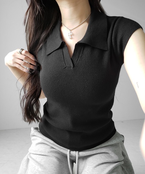 me+em select(ミームセレクト)の「※※【 3color 】スキッパー半袖ニットトップス /skipper short sleeve knit tops(Tシャツ/カットソー・レディース・グレー/ブラック/ホワイト・FREE)」の8枚目の写真